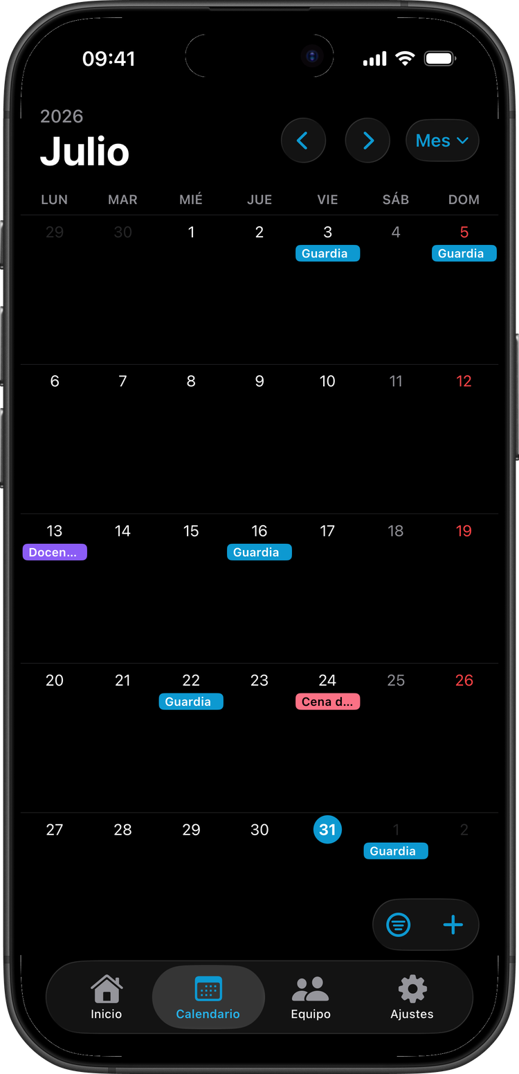 Calendario mensual de TuGuardIA en modo oscuro, julio de 2026: guardias en azul, una sesión de docencia y una cena del servicio junto a los turnos