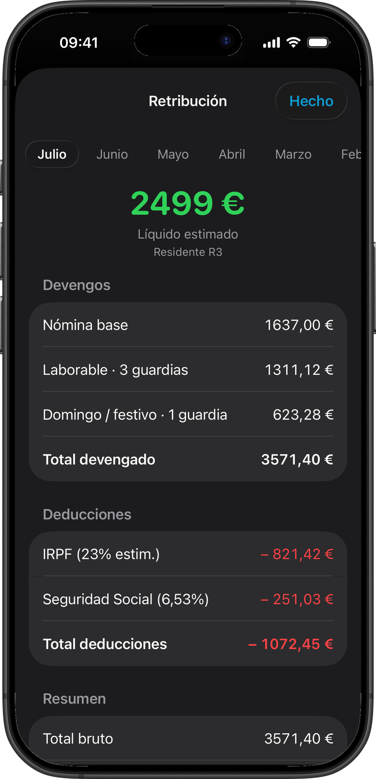 Desglose de retribución en TuGuardIA en modo oscuro, para un residente R3: nómina base más las guardias de julio, con IRPF y Seguridad Social — líquido estimado 2.499 €